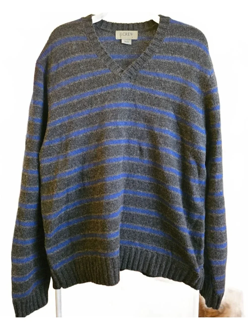 J Crew Grey/Blue Stripe 100% Wool Pullover V Neck Sweater - Size L - EUC